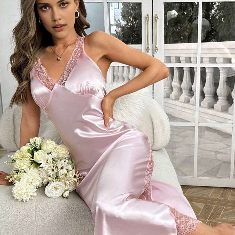 Women's Spring/Summer Silk Satin Sexy Lace Patchwork Backless Slit Strapless Long Dress Nightgown Homewear