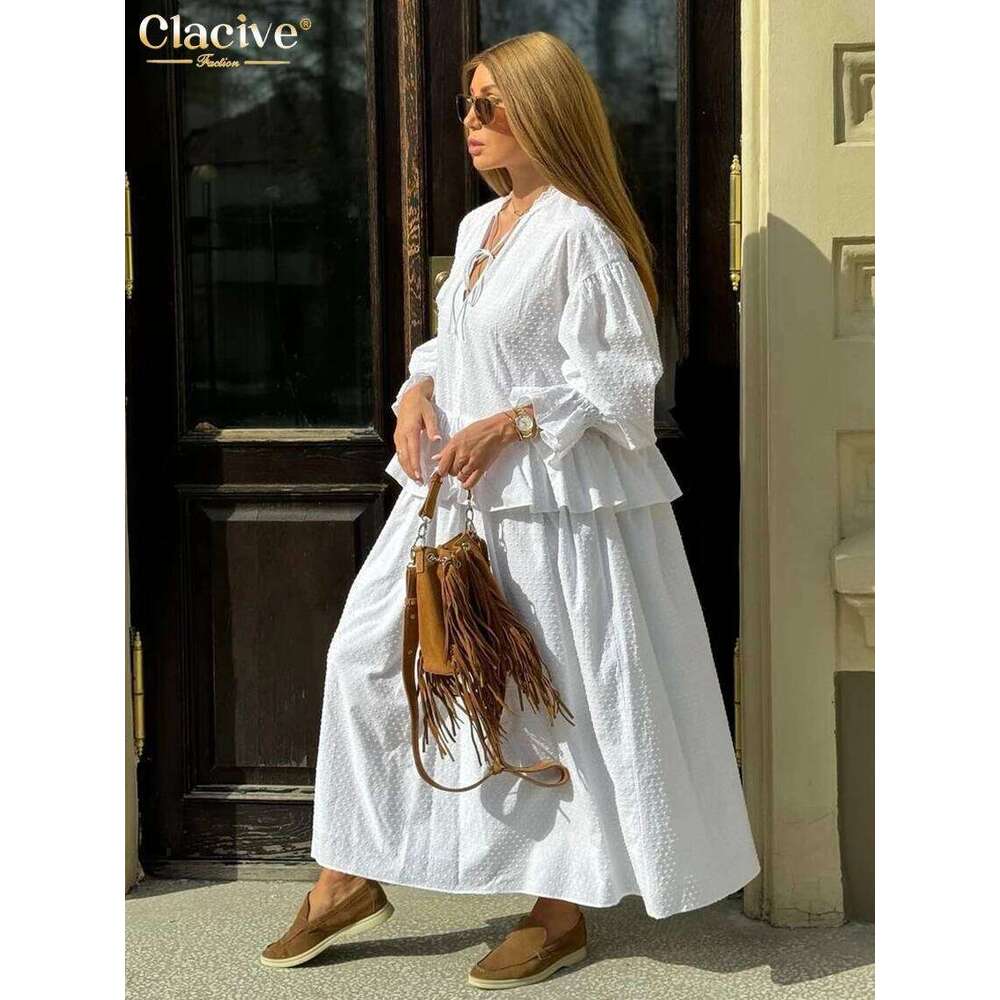 hoodie Clacive Fashion Loose White Cotton Women Casual Long Sleeve Ankle Length Dresses Elegant Classic Ruffle Female Dress jacket