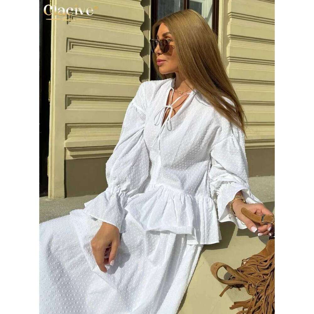 hoodie Clacive Fashion Loose White Cotton Women Casual Long Sleeve Ankle Length Dresses Elegant Classic Ruffle Female Dress jacket
