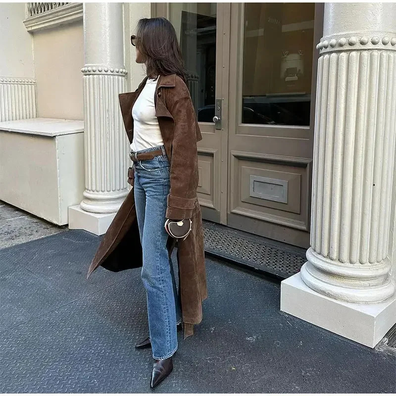 2025 Autumn Winter Elegant Suede Leather Belt Long Trench Brown Coat Fashion Warm Double Button Jacket High Quality Streetwear 250818