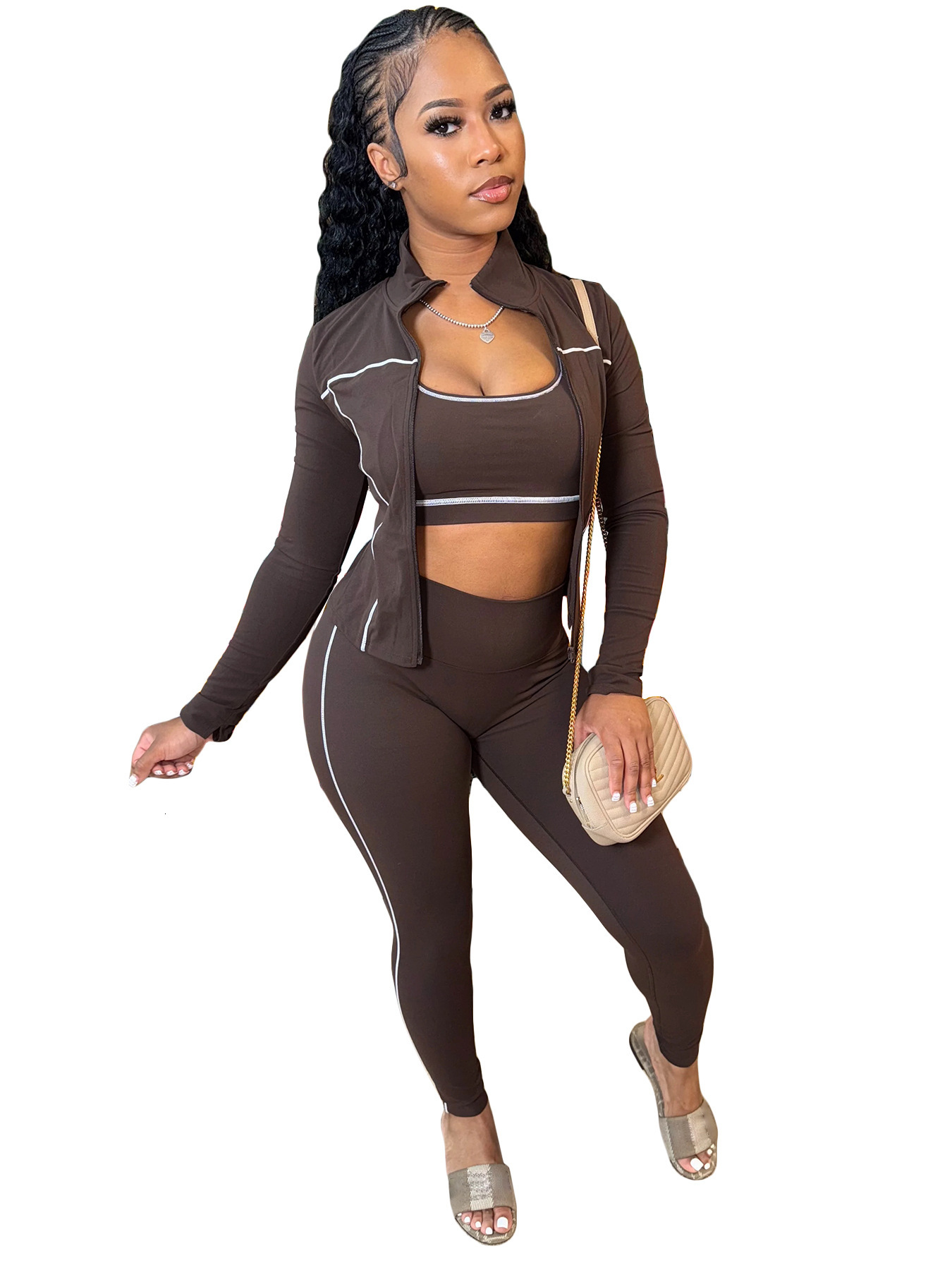 Women Tracksuits Three Pieces Set 2025 New Fashion Clothing Racerback Tank Zipper Thumb Buckle Long Sleeve Tight Pants Sportwear 6 Colours