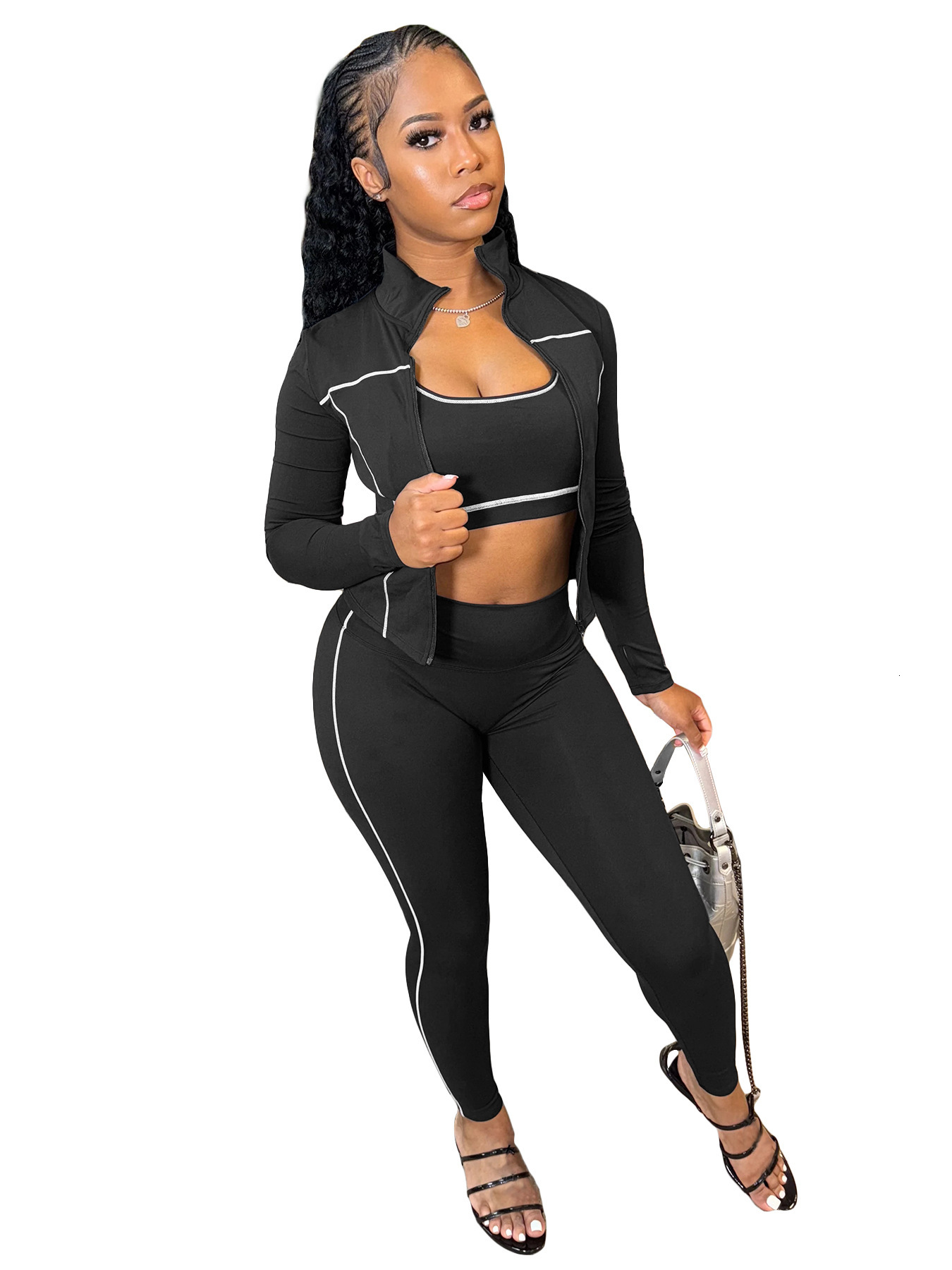 Women Tracksuits Three Pieces Set 2025 New Fashion Clothing Racerback Tank Zipper Thumb Buckle Long Sleeve Tight Pants Sportwear 6 Colours