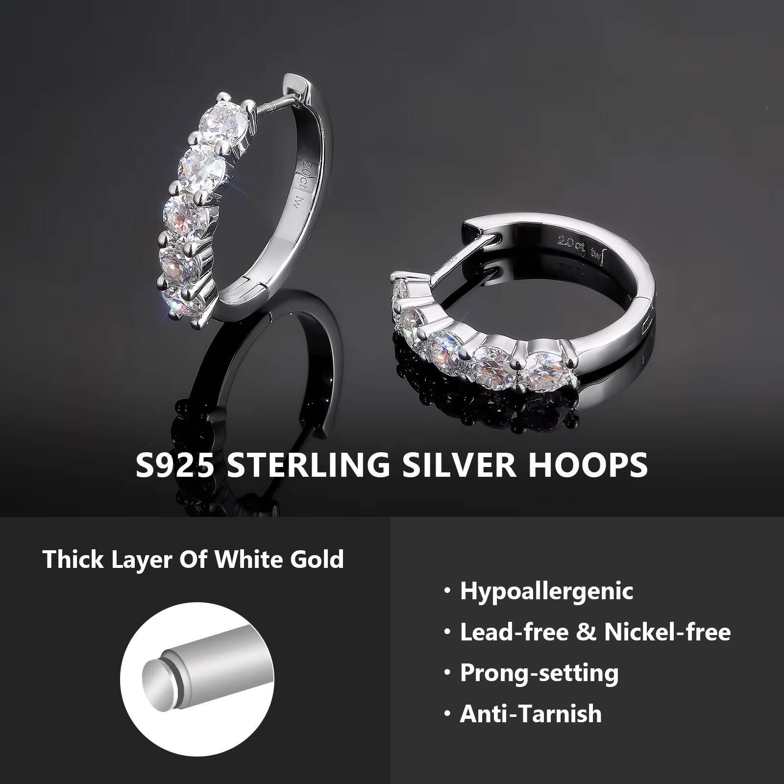 2.0ct 1ct 0.6ct 925 Sterling Silver Sparkle Moissanite Lab Created Diamond 14K Gold Plated Huggies Hoop Earring for Women Men