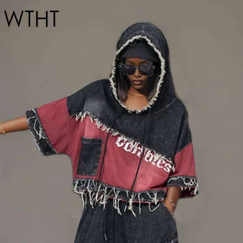 hoodie WTHT Vintage Women's Spliced Contrast Color Burr Edge Hooded Denim T-Shirt Fashion Short Sleeve Tops Female Summer 1Ls1574 jacket