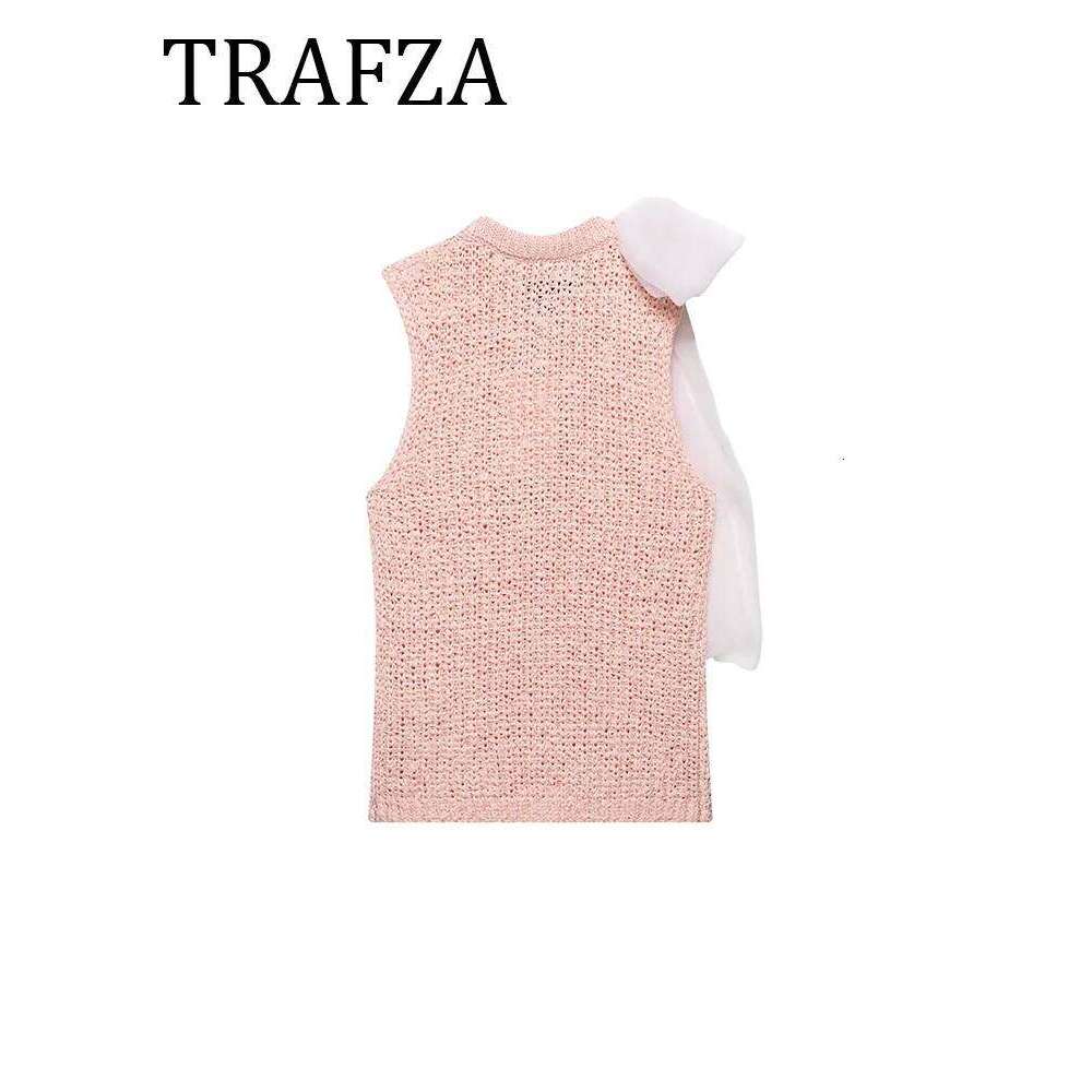 hoodie TRAFZA Women's Bow Knit Vest Round Neck Sleeveless Sweater Short Tops Spring Pink Top Pullover Waistcoats jacket