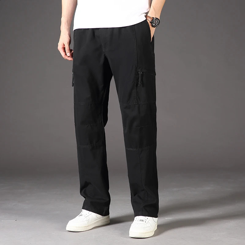 Classic Man Casual Cargo Pants Zipper Pockets Big and Tall Sports Outdoor Outfits Khaki Grey Mens Trousers 250815
