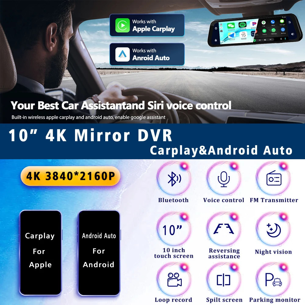 10 Dash Cam 4K 3840*2160P Car Dvr Carplay Android Auto GPS 5G WIFI AUX Stream RearView Mirror Dashcam Camera Drive Recorder FM 250818ww