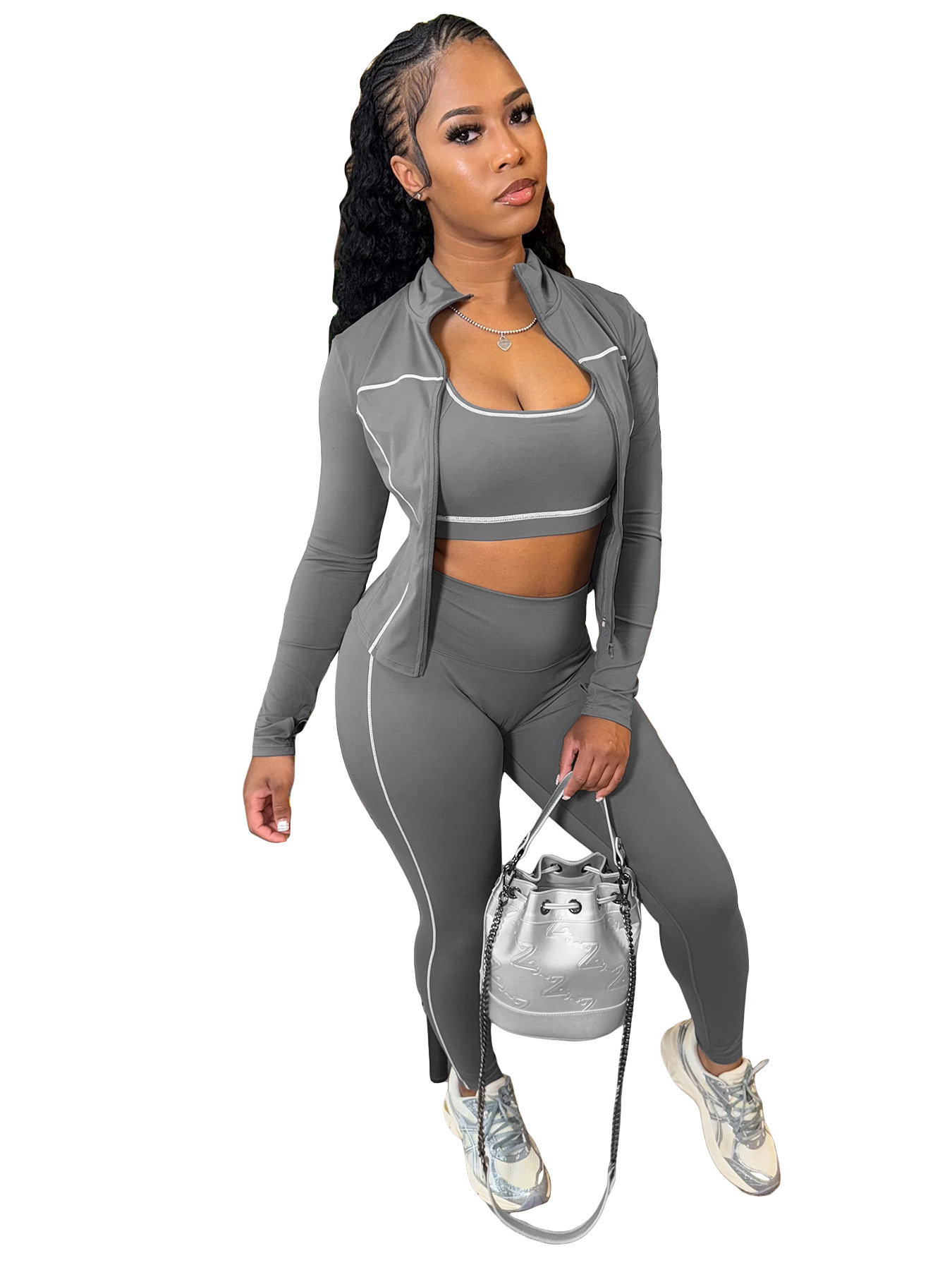 Women Tracksuits Three Pieces Set 2025 New Fashion Clothing Racerback Tank Zipper Thumb Buckle Long Sleeve Tight Pants Sportwear 6 Colours