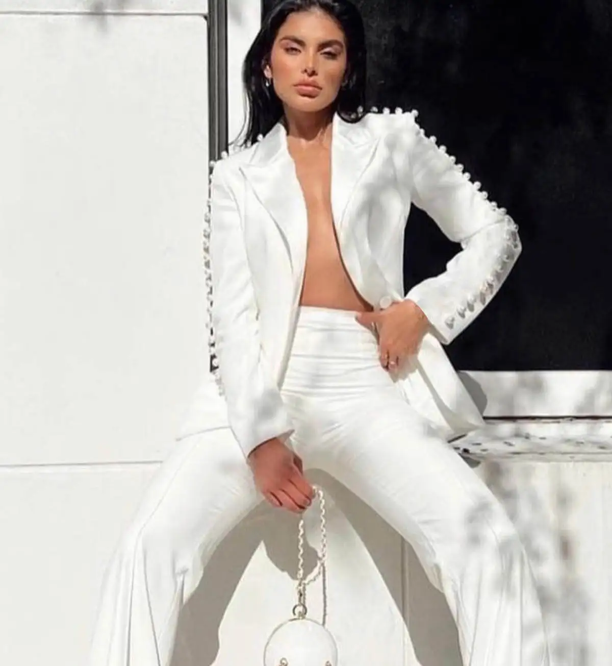 White Women Pants Suits For Wedding Slim Fit Big Pearls Jacket Top Ladies Party Custom Made Prom Party Outfits 2 Pieces