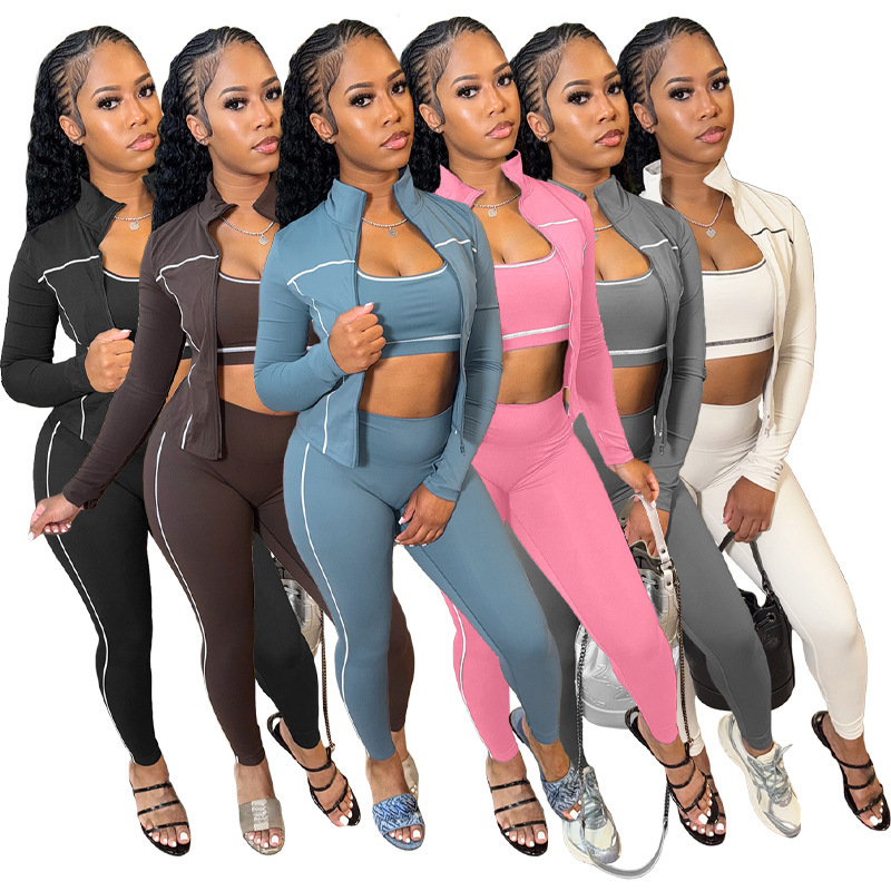 Women Tracksuits Three Pieces Set 2025 New Fashion Clothing Racerback Tank Zipper Thumb Buckle Long Sleeve Tight Pants Sportwear 6 Colors