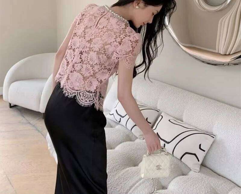 hoodie New Pink Floral Eyelash Lace Women Pearl Decoration Short Sleeve Round Neck Lady Pullover Tops With Lining jacket