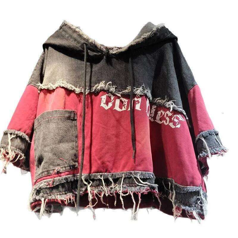 hoodie WTHT Vintage Women's Spliced Contrast Color Burr Edge Hooded Denim T-Shirt Fashion Short Sleeve Tops Female Summer 1Ls1574 jacket