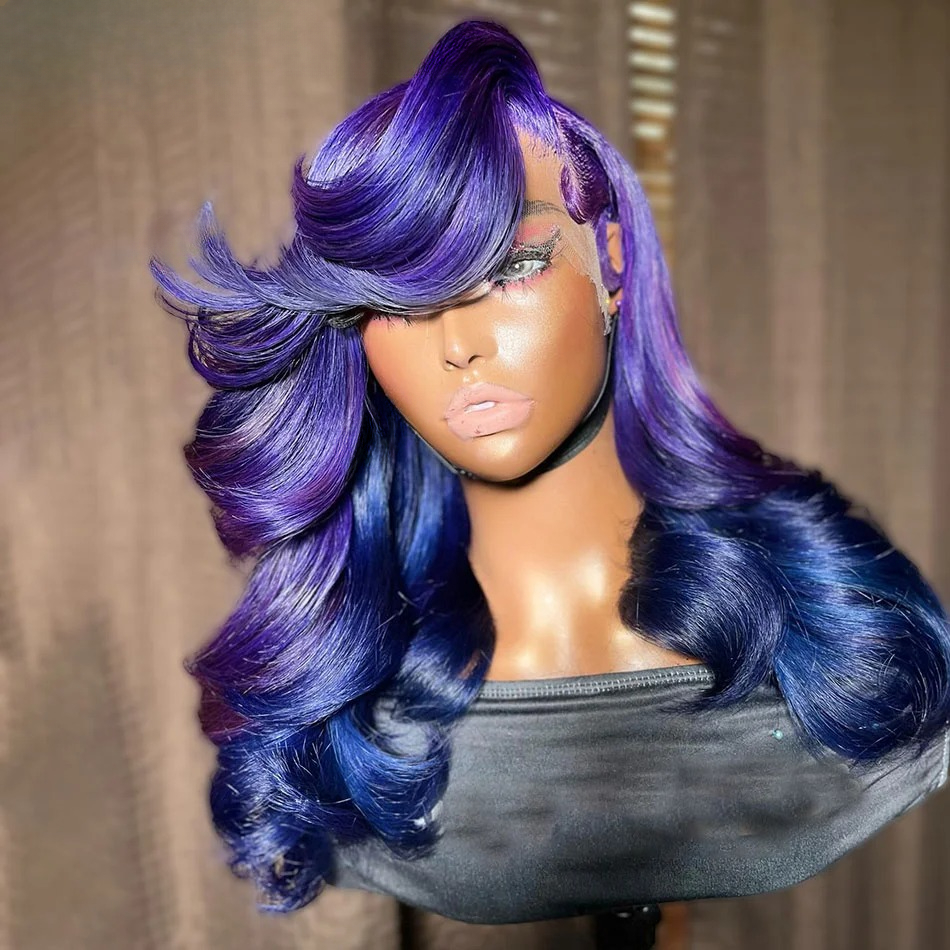 Ombre Purple Blue 13x4 Lace Frontal Wig Pre Plucked Colored Body Wave Lace Front Wigs HD Lace Closure Glueless Human Hair Wigs Ready To Wear