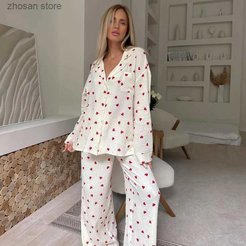 Summer New Love Heart Print Pyjama 100% Cotton Long Slve Set 2Pcs Outfit Lapel Slpwear Button Down Womens Pajamas Nightwear S250818