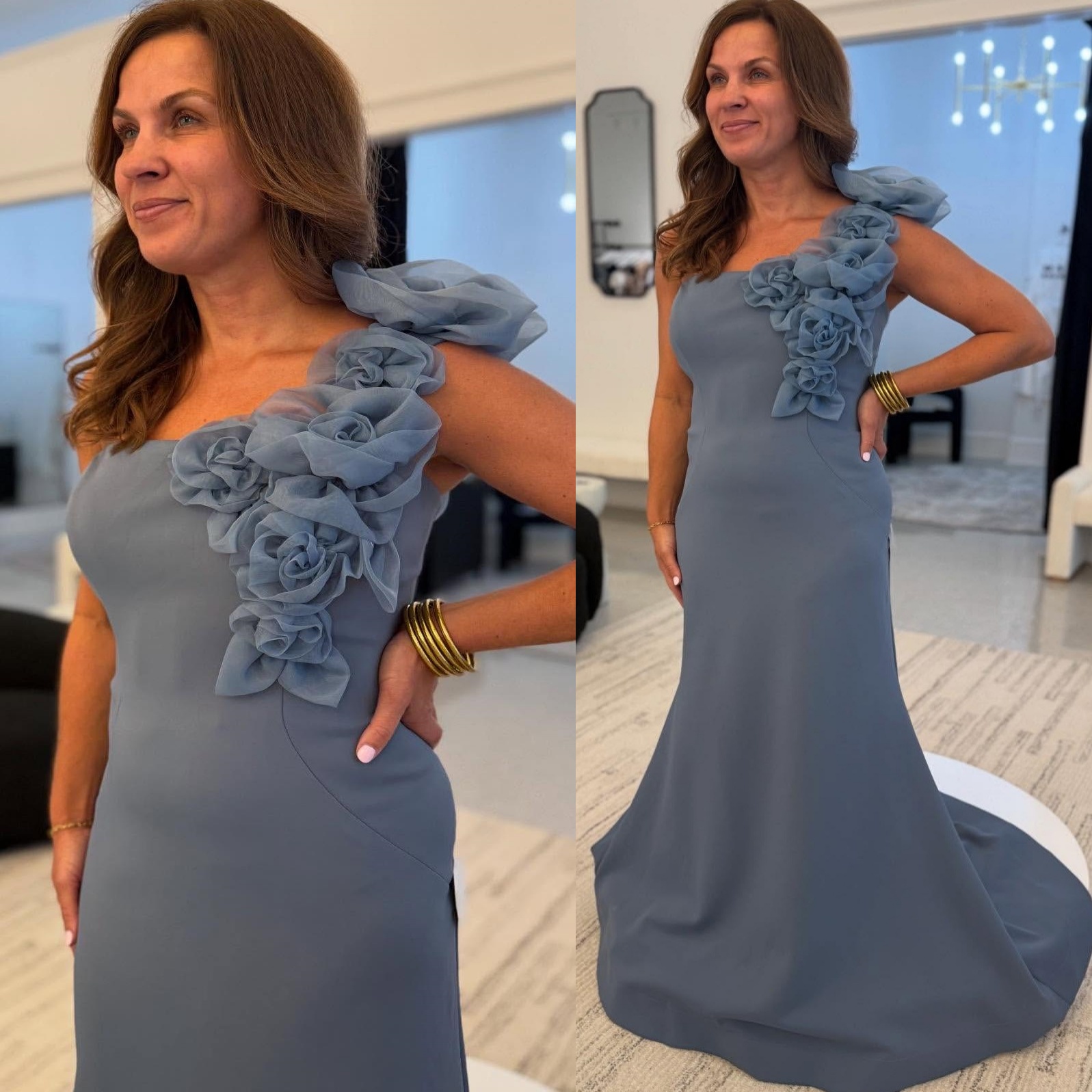 2025 Plus Size Gray Mermaid Mother Of Bride Dresses One Shoulder Flowers Satin Evening Party Mama's Dress Vintage Birthday Wedding Guest Groom Mo