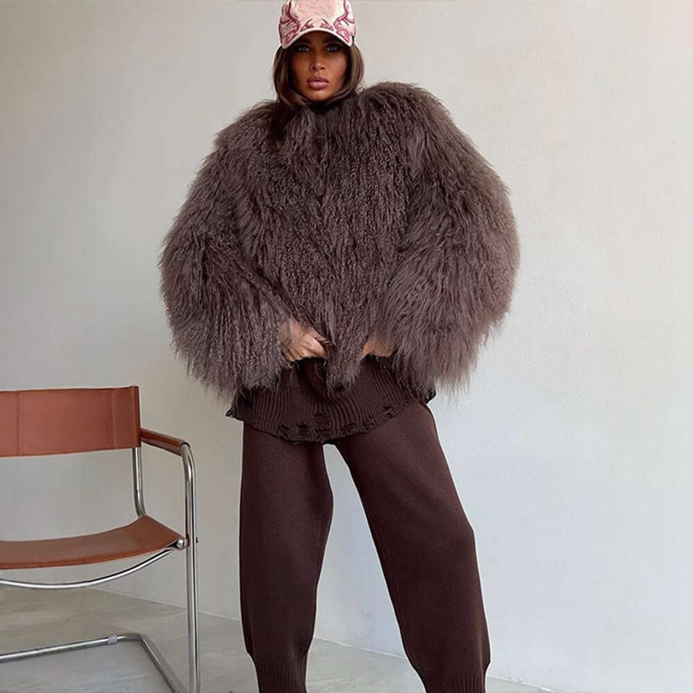 Faux Curly Fur Coat Solid Color Round Neck Loose Fashion Luxury Artificial Fur Short Overcoat Warm Furry Jacket Women's Clothing