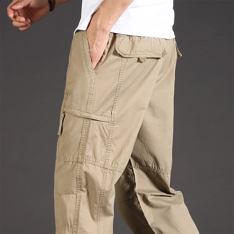 Classic Man Casual Cargo Pants Zipper Pockets Big and Tall Sports Outdoor Outfits Khaki Grey Mens Trousers 250815