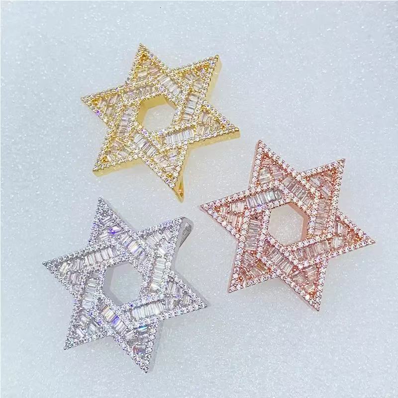 VVS Baguette Round Cut Moissanite Hip Hop Star of David Pendant Full Iced Out 18K Solid Gold Rappers Charm Pendant for Unisex