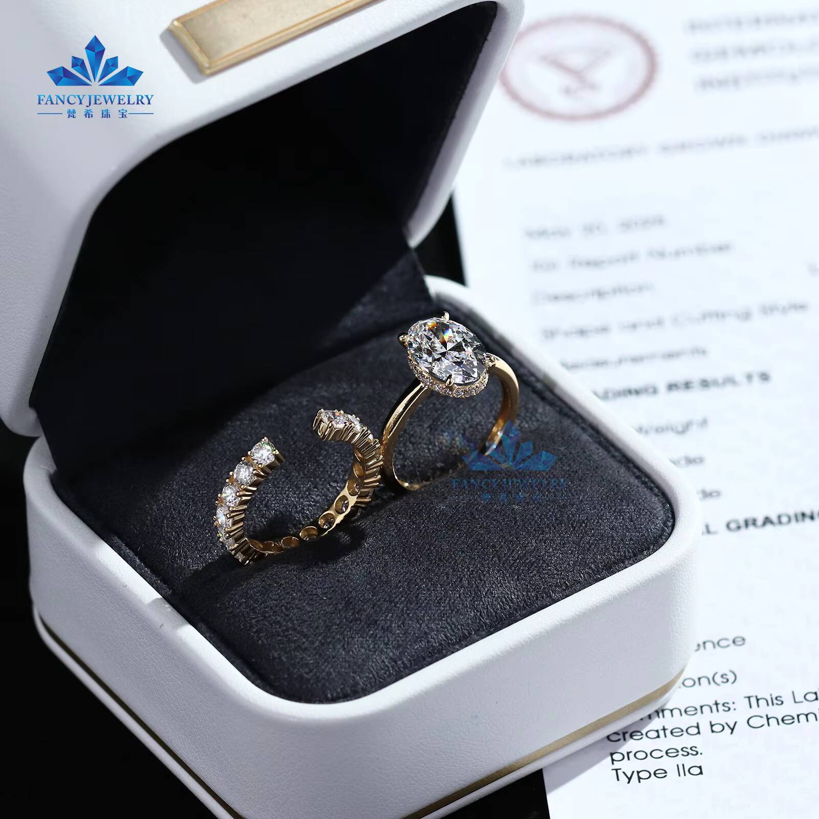 Custom Made Oval Lab Grown Diamond 4ct D Vs1 VVS 10k 14k 18k Yellow Gold Ring Set Hidden Halo Unique Engagement Ring Set