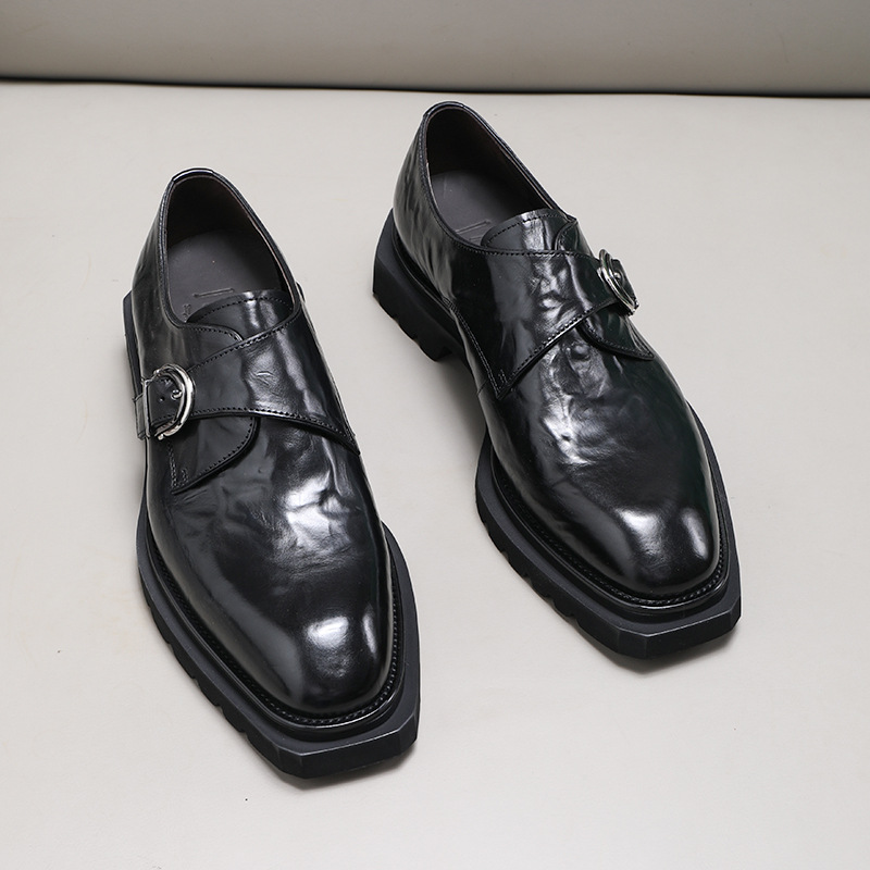 Men's buckle leather shoes made from top-grain cowhide, suitable for weddings and workwear, European style, luxurious quality.