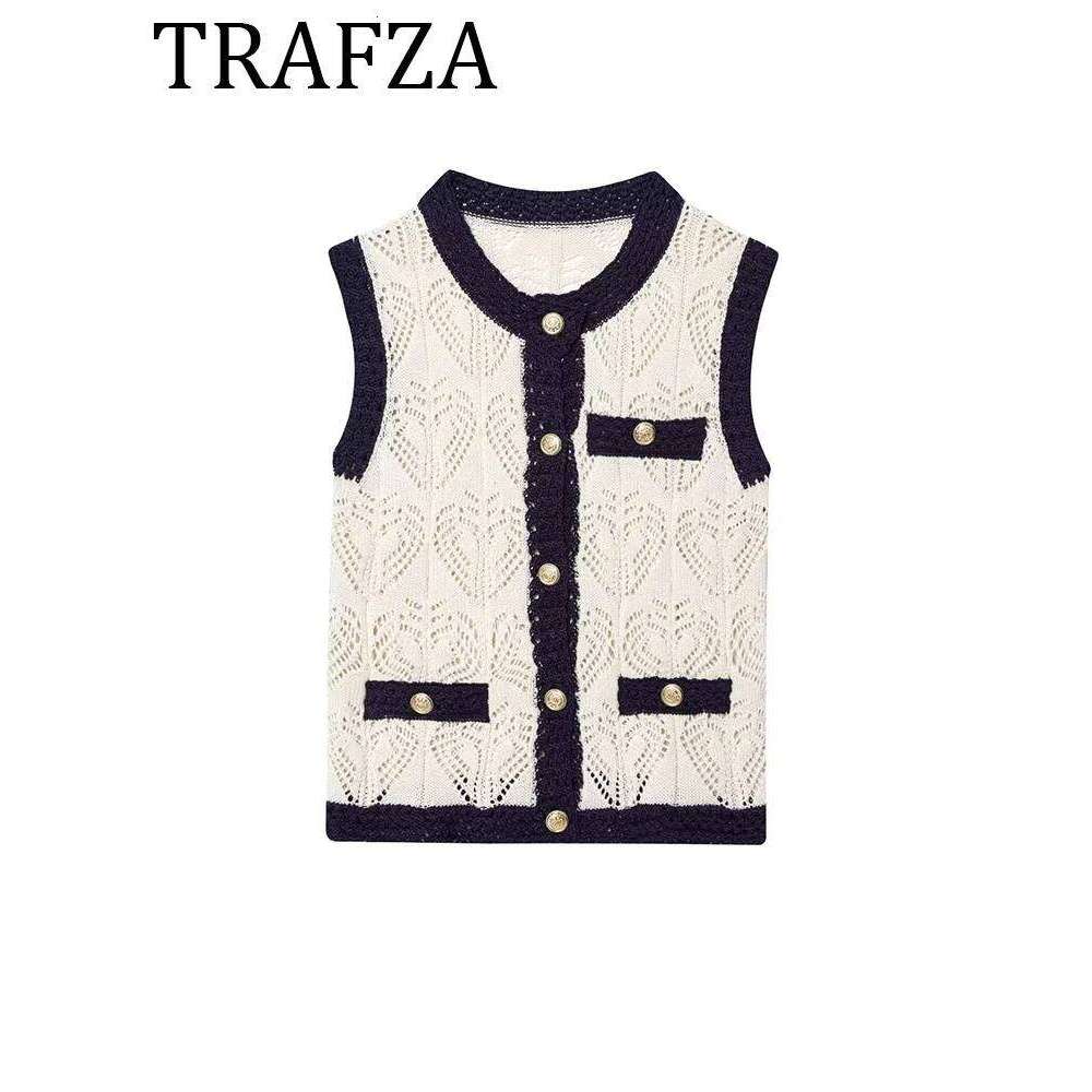 hoodie TRAFZA Woman Jacquard Mesh Knit Round Neck Top Summer Elegant Vest Ladies Sleeveless Knitwear Tops Casual Tank jacket