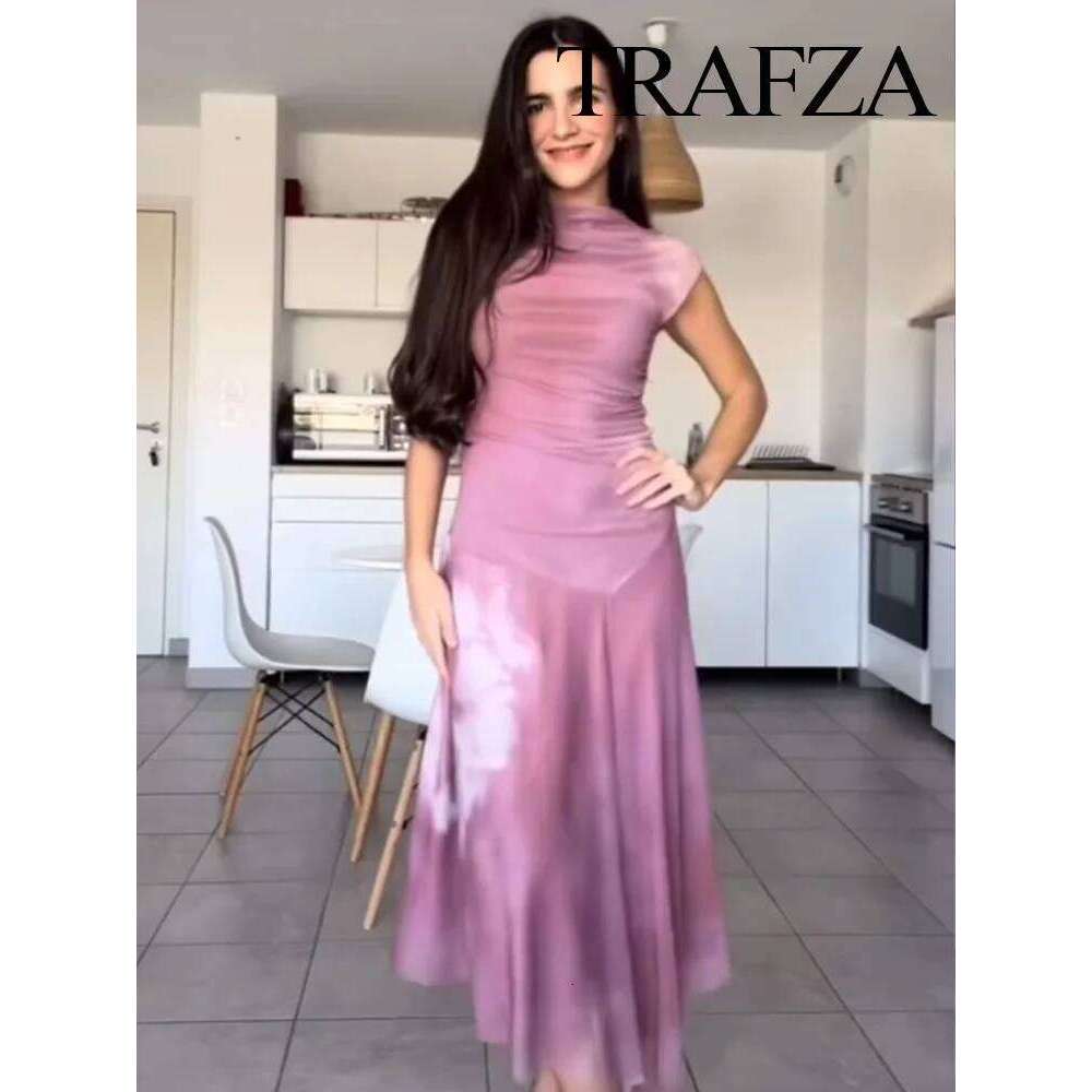 hoodie TRAFZA Women's New Fashion Slim A-Line Dresses Solid O-Neck Sleeveless Folds Female Summer Chic Beach Style Long Dress 3 Color jacket