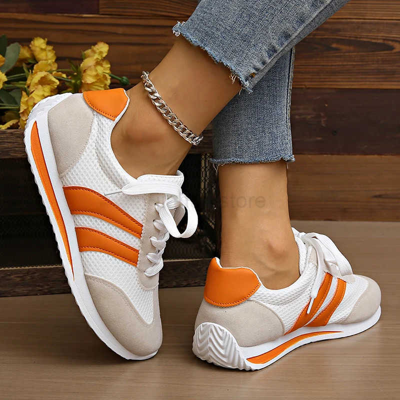 Womens Lightweight Fashion Sneakers Comfort Non Slip Casual Sports Shoes Woman Orange Striped Mesh Breathable Platform Sneakers M250818