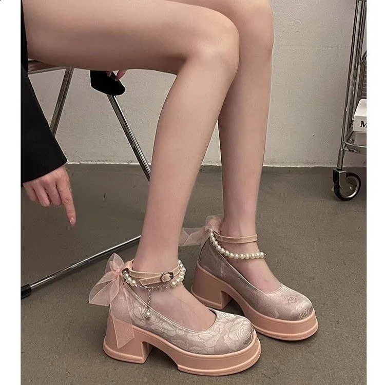 Spring Women Thick Platform Mary Janes Lolita Shoes Summer Bow Chain Party Pumps Fashion Oxford Shoes Zapatos De Mujer 250815