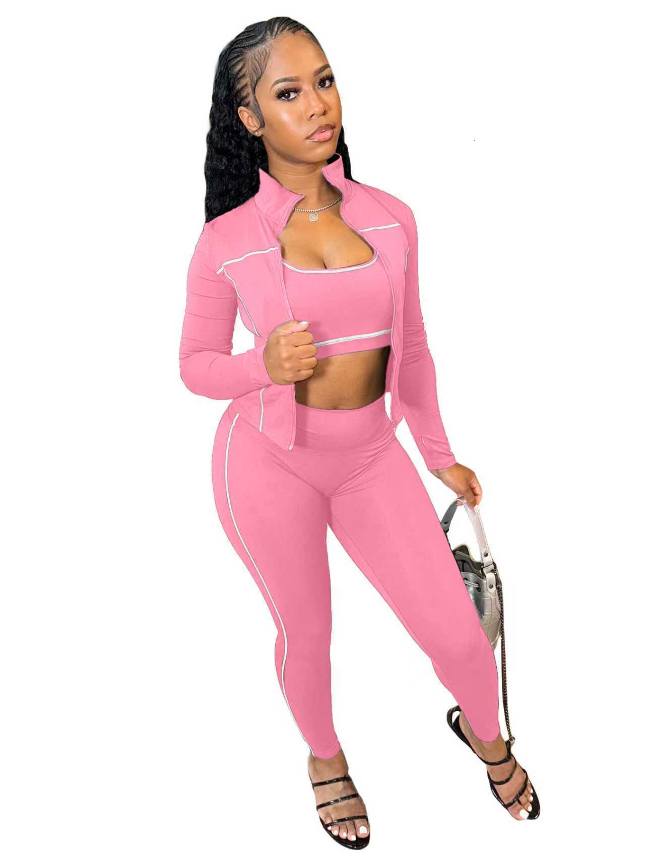 Women Tracksuits Three Pieces Set 2025 New Fashion Clothing Racerback Tank Zipper Thumb Buckle Long Sleeve Tight Pants Sportwear 6 Colours