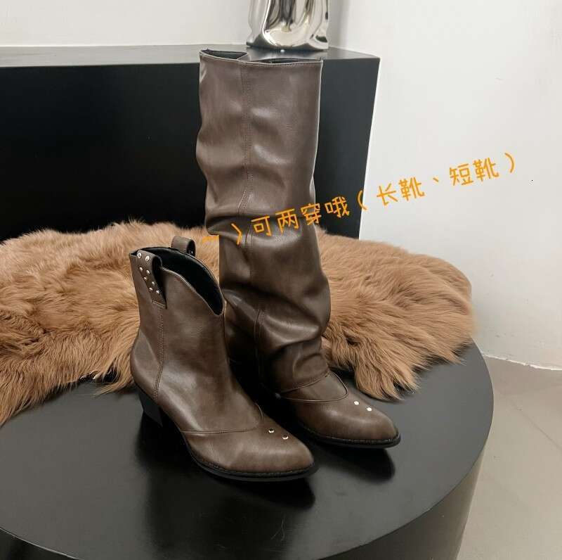 Pleated Slouchy Long for Women Western Chunky Heel Over-the-Knee Belt Buckle Tube Boots