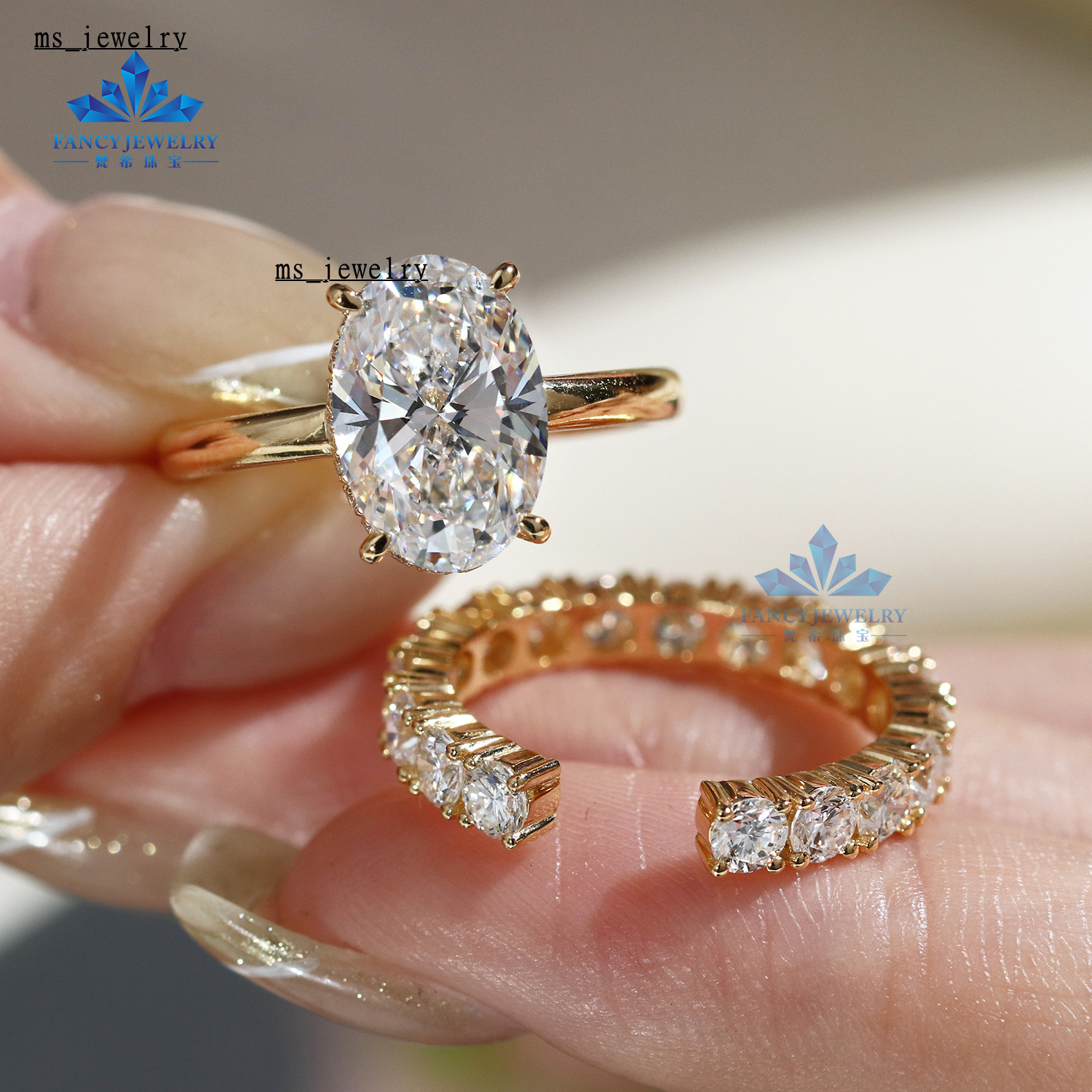 Custom Made Oval Lab Grown Diamond 4ct D Vs1 VVS 10k 14k 18k Yellow Gold Ring Set Hidden Halo Unique Engagement Ring Set