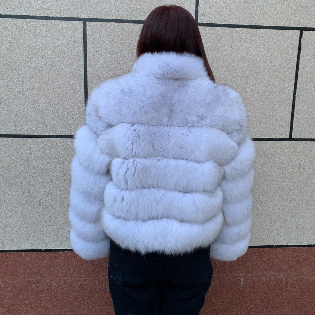 Real fox fur coat with long sleeves and stand collar fluffy women's winter fur jacket warm raccoon fur coat LHXDW