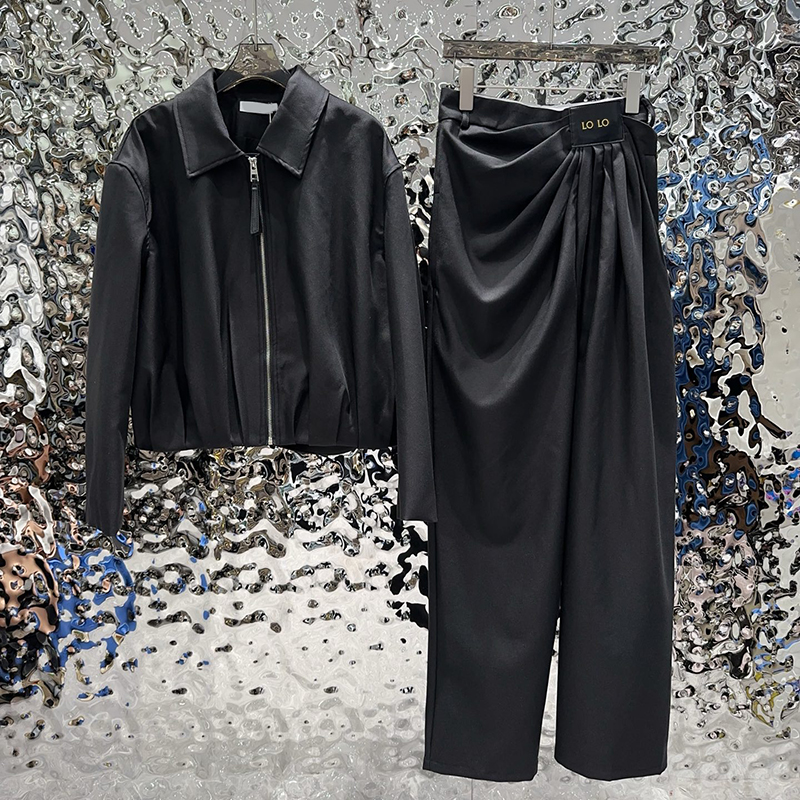 Designer Womens Cropped Jacket Pants Outfits Vintage Casual Zipper Outerwear Leather Patchwork Pleated Elegant Suit Pants Luxury Laides Office OL Jackets