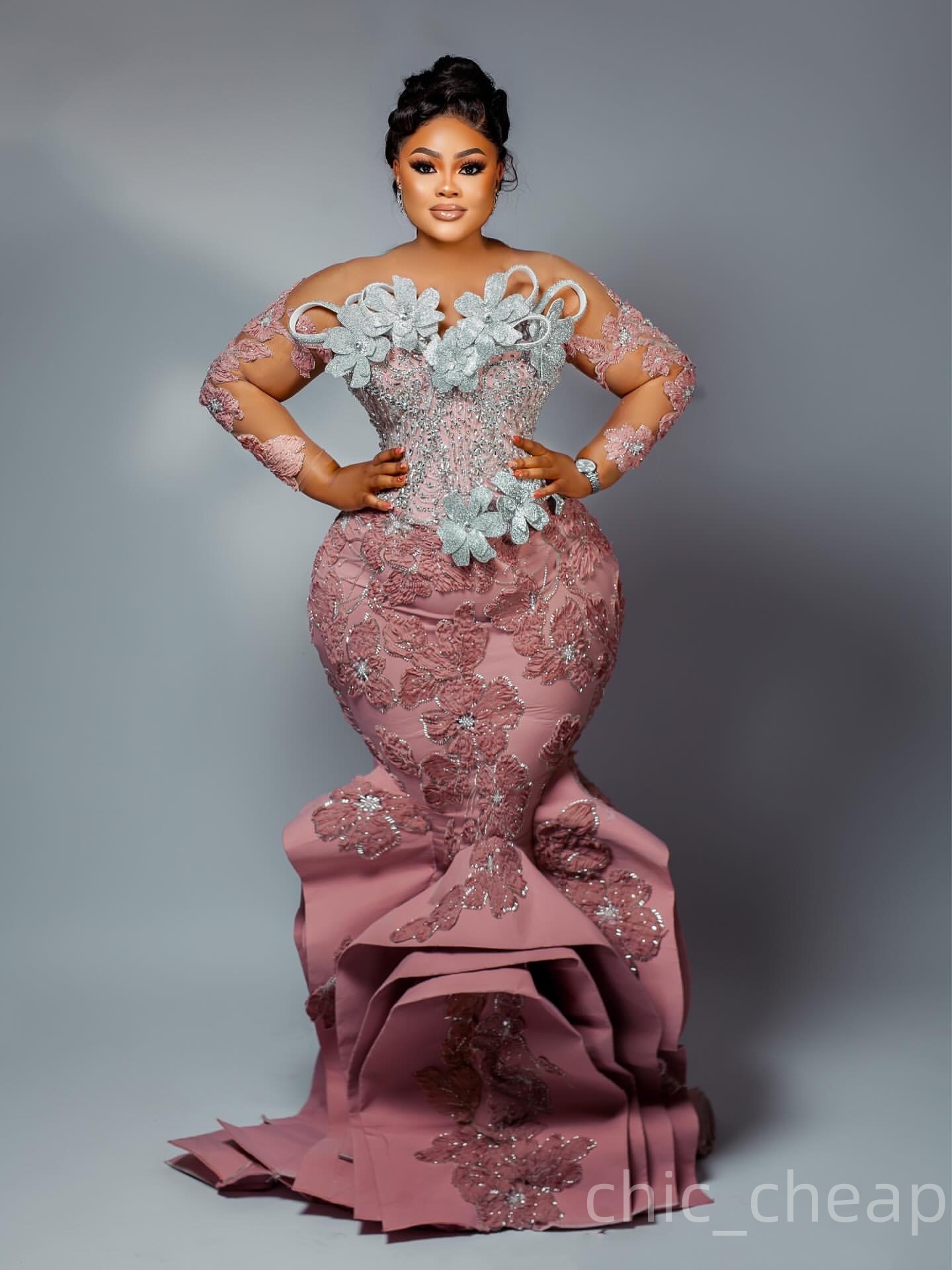 Aso Ebi Blush Pink Mermaid Prom Dresses 2025 Flowers Floral Lace Evening Formal Party Second Birthday Engagement Gowns Plus Size Dress For Special Occ