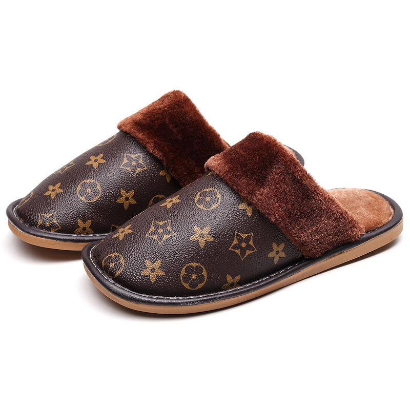 Free Shipping Luxury Winter Couple's Slippers - Genuine Leather Nordic Style w/ Plush Fleece Lining - Non-Slip & Quiet Indoor Shoes for Home Men 