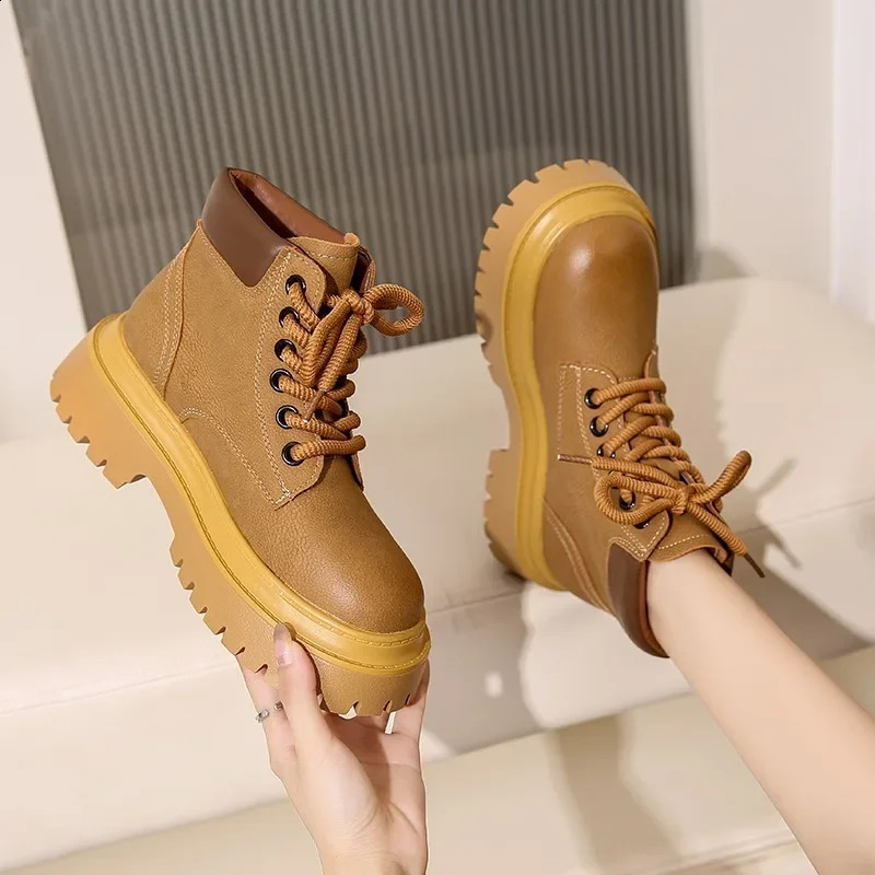 6CM Women Thick Heels Ankle Boots Lace Up Black Chunky Boots Winter Leather Boots Woman Platform Punk Shoes High Heels 250814