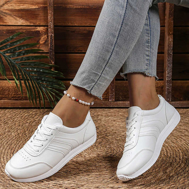 Womens Lightweight Casual Sneakers White PU Leather Comfort Sports Shoes for Women Lace Up Breathable Running Shoes Plus Size M250818 - view 5