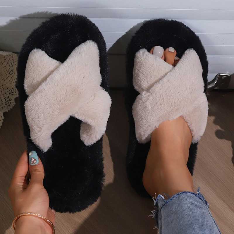 ioni Color Block Fur Fuzzy Cross Strap Open Toe Indoor Slides for Women Non Slip Warm Plush House Slippers Y250818