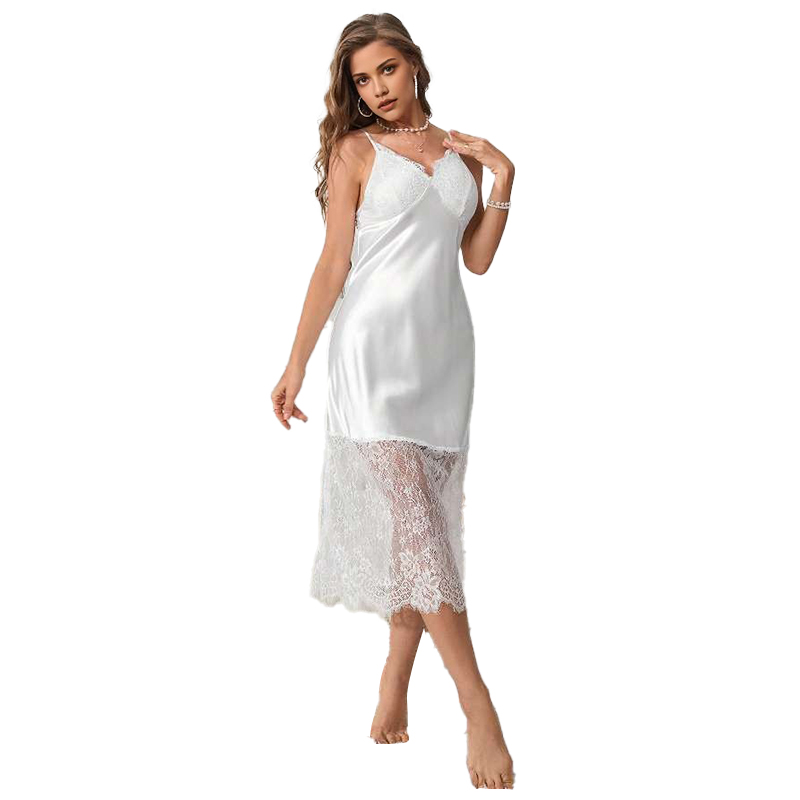 2025 Spring/Summer New Silk Color Dungarees Women's Sexy Lace Patchwork Strapless Nightgown Homewear