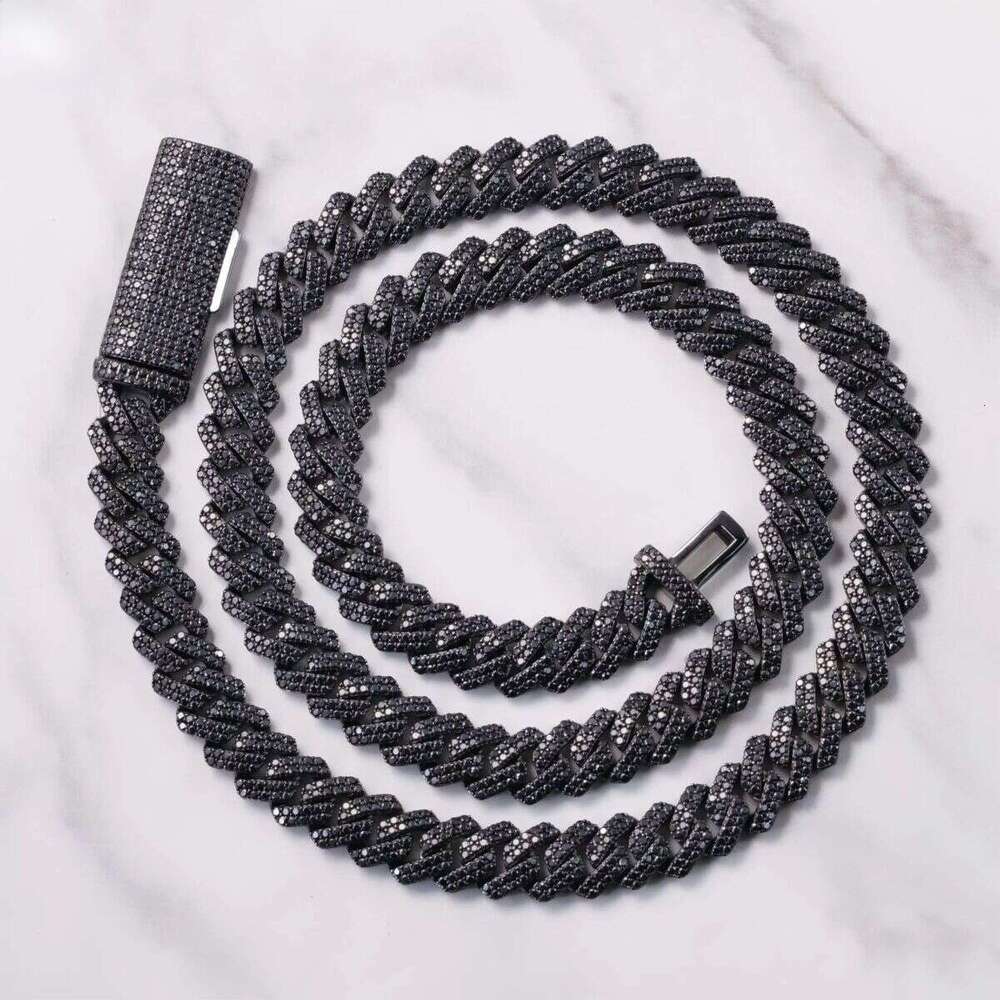 VVS Dia 2rows 10mm 12mm S Sier Hip Hop Necklace Men Black Moissanite Cuban Link Chain For Fashion Jewelry