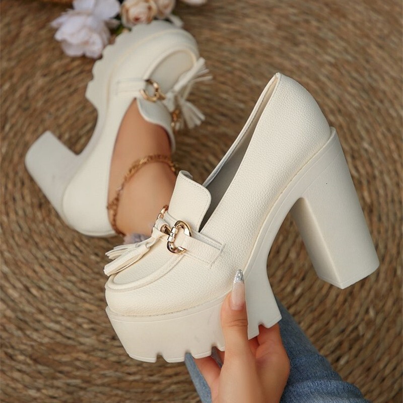 2025 Summer Leather Comfortable Spring Autumn Waterproof Platform Chunky Heel New High Heels Women's Single Shoes Large Size ddmymoon