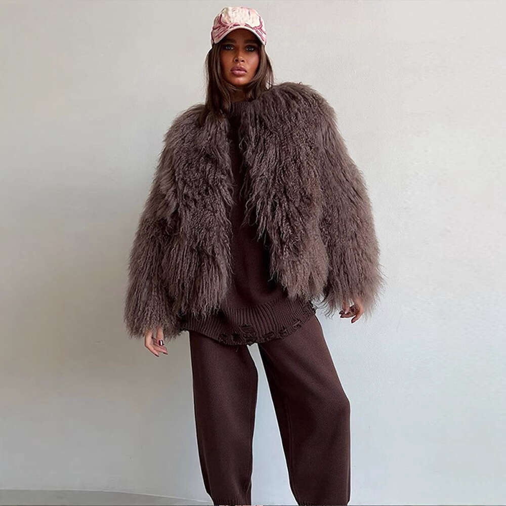 Faux Curly Fur Coat Solid Color Round Neck Loose Fashion Luxury Artificial Fur Short Overcoat Warm Furry Jacket Women's Clothing