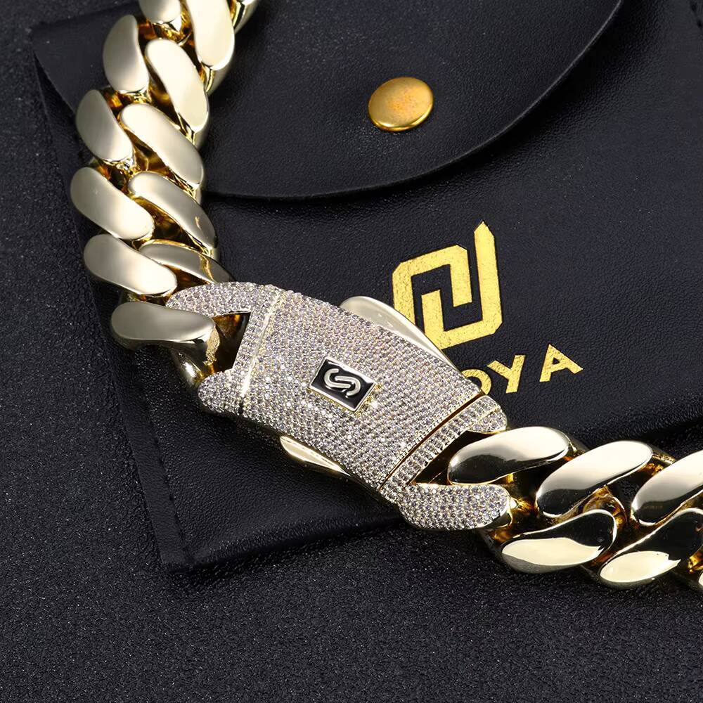 NUOYA Hiphop Jewelry Iced Out Diamond Clasp Flat Monaco Chain 14K Gold Plated Thick Cuban Link Chain Choker Necklace for Women