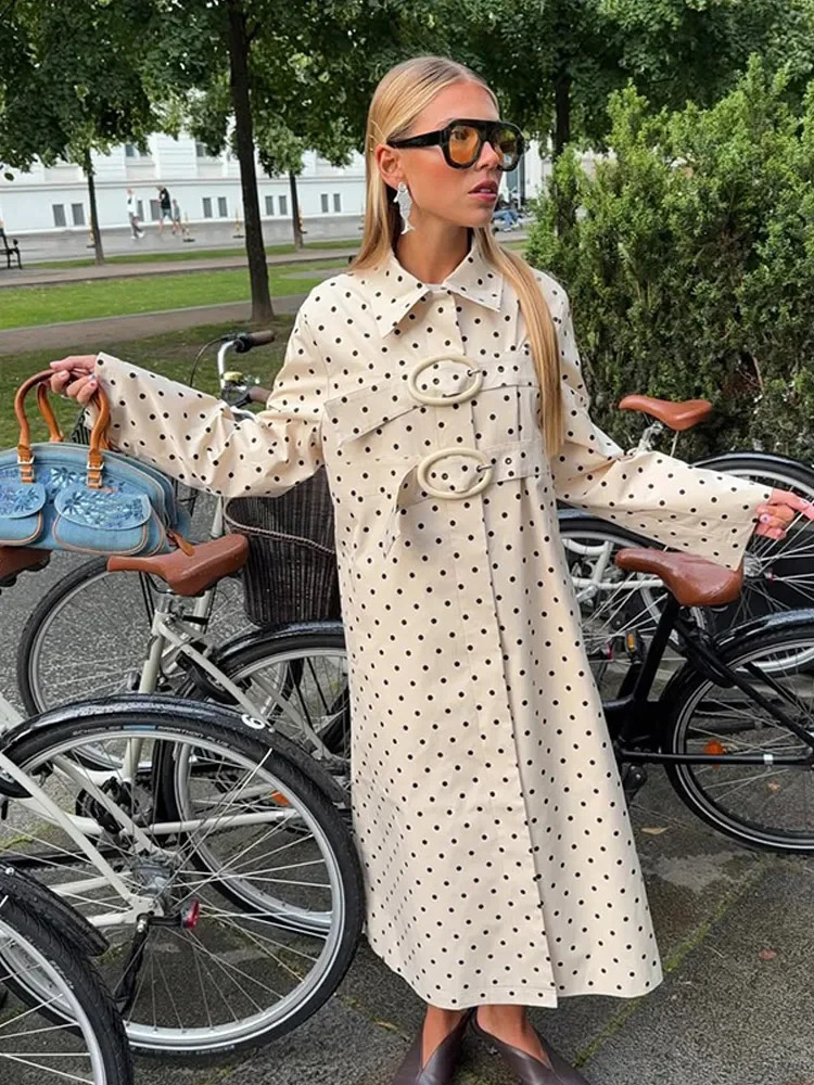 Women Polka Dot Long Trench Coat With Buckles Lapel Longsleeved Loose Fashionable Overcoat 2025 Autumn Fashion Windbreaker 250818