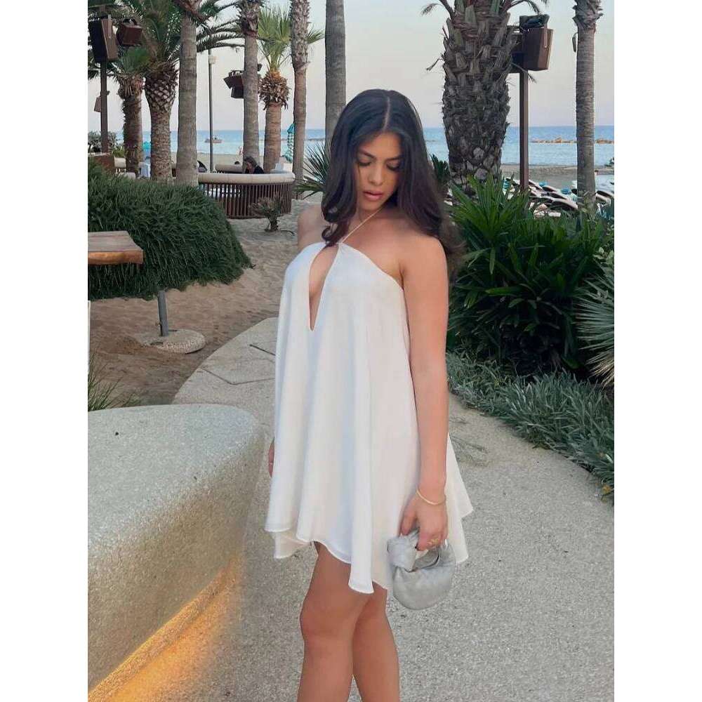 hoodie Sexy Hollow Halter Backless Mini Dress Women's Elegant Sleeveless Loose Solid Street Vestidos Female Beach Vacation Gowns jacket