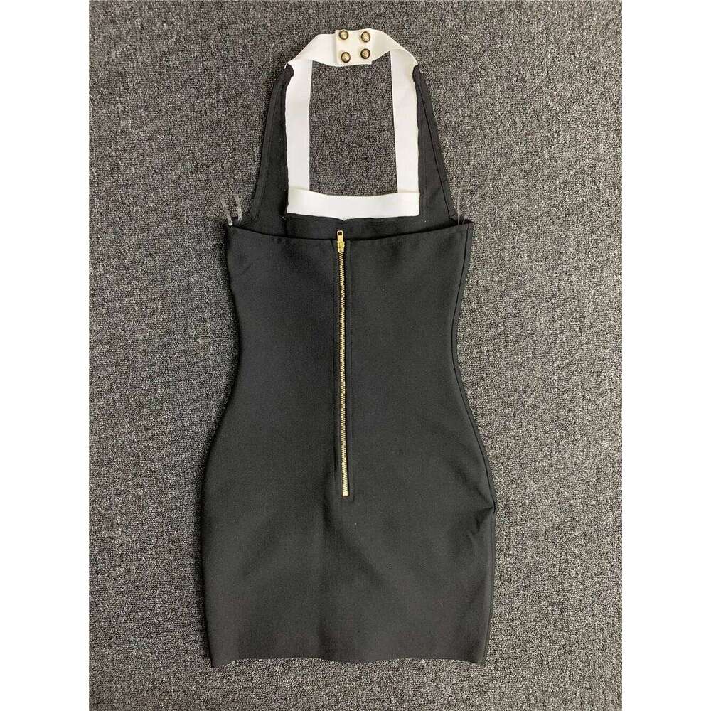 Women High Street Black White Bordure Single Breasted Halter Bodycon Mini Bandage Dress Soft And Comfortable Daily Dresses