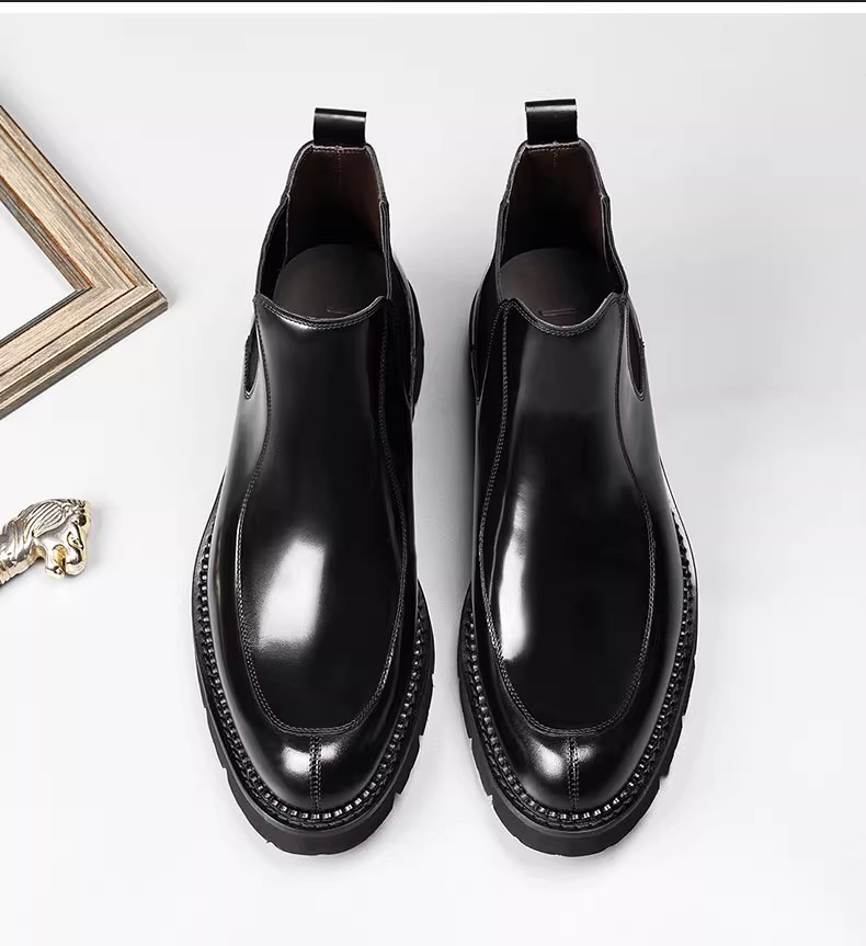 Chelsea boots men's high top leather shoes thick sole Italian handmade open-edge leather British business boots men's shiny face