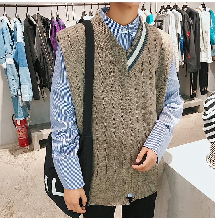 Sweater Vest Men Patchwork V-neck Colorful Shrug Chic Sleeveless Knitted Tops Mens Waistcoats Loose Oversize Harajuku All-match
