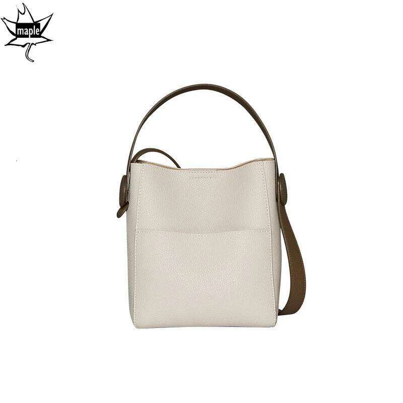 New Simple Light Weight Beige Color Lichi Pattern Cowhide Leather Commuter Bucket Tote Bag High Quality Women Handbag