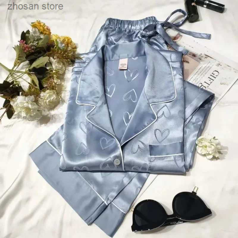 2 Piece Summer Womens Pajamas Sets Satin Silk Thin Pyjama Pijama Mujer Striped Slpwear Long Slve Pants Loungewear Homewear S250818